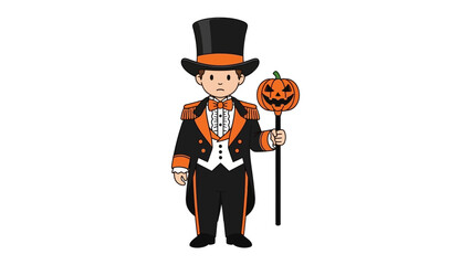Obraz premium A Halloween Gentleman: A dapper gentleman, adorned in a distinguished top hat and an elegant attire, clasps a festive jack-o'-lantern, ready for a night of thrilling festivities.