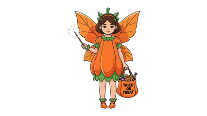 Halloween Fairy with a Treat Bag: A whimsical Halloween fairy, complete with leaf-like wings and a magical wand, stands holding a Trick or Treat bag, ready for a night of enchanting adventure. 