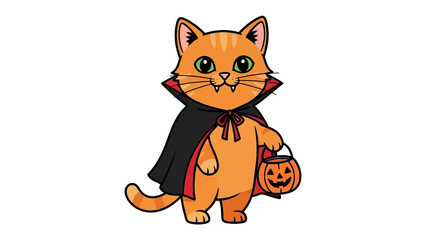Halloween Cat Illustration: A cheerful cartoon cat, dressed in a Halloween costume with cape and carrying a jack-o-lantern bucket, ready for a night of trick-or-treating.