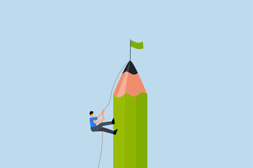 young artistic man scaling pencil mountain to attain victory flag at the summit