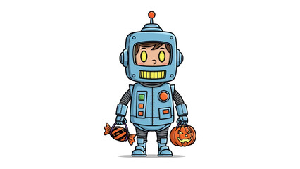 Robot Halloween Celebration: A festive illustration featuring a child in a robot costume, holding a pumpkin and candy, celebrating the spirit of Halloween. 