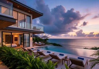 Fototapeta premium Photo of luxury beachfront villa with infinity pool at sunset, tropical paradise vacation
