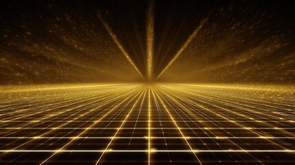 A golden grid perspective extends toward a central vanishing point, radiating bright light with floating particles