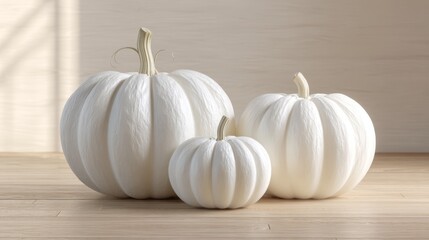 Three elegant white pumpkins of varying sizes, enhancing the cozy interior with their unique texture and seasonal charm.