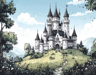 Obraz premium Fairytale castle nestled in a grassy hill