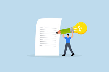 Copywriter, intelligent young man employing large pencil with bright idea sketching on paper