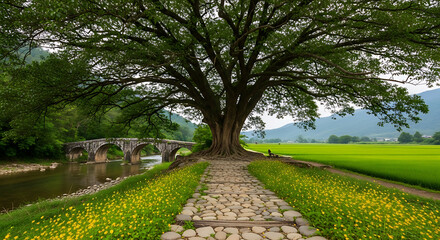 Obraz premium Ancient tree and stone bridge in rural landscape