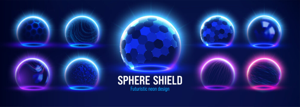 3D energy shield and protective dome with a blue force field and sphere for security. Glowing hexagon grid and abstract glass bubble with a futuristic aesthetic. Technology and defense applications.