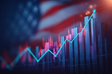 Rising graph overlaying financial data with blurred American flag background