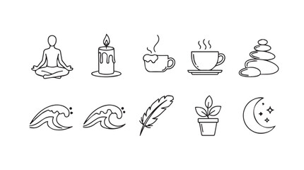 Serene elements collection diverse hand-drawn symbols for wellness and relaxation in sketch style vector