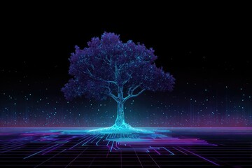 A digital tree glows in a grid of circuits under a dark starry night sky