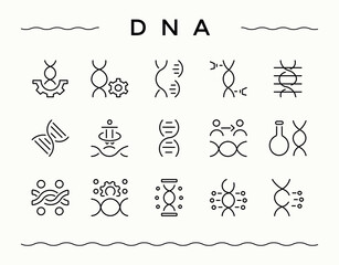 DNA icon collection. Web icons pack. Research linear icon set. Included lab, research, biotech, scientific, biotechnology and more.