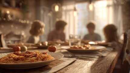 A cozy family dinner featuring plates of spaghetti, with children enjoying a meal together in warm, inviting sunlight.