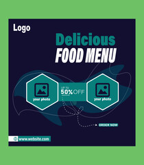 Food menu and restaurant social media marketing web banner template. Healthy fast food business website background. Pizza or burger online sale promotion flyer with logo and icon. Food video thumbnail