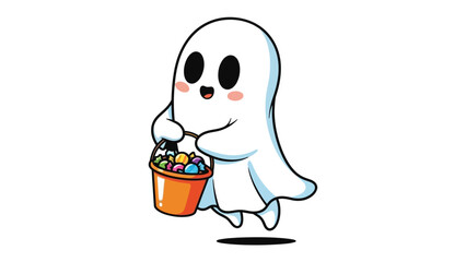 Cheerful Ghost with Halloween Treats: A delightful ghost, brimming with festive charm, floats joyfully while holding a pail filled with delectable treats, embodying the whimsical spirit of Halloween.