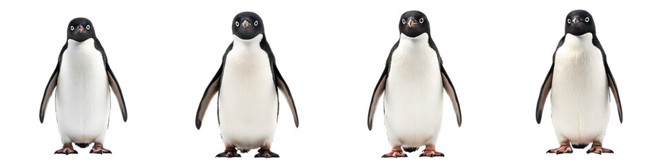 Four adorable adelie penguins isolated on transparent background