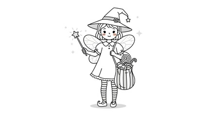 Enchanting Fairy: A whimsical illustration of a fairy girl with pointed hat, fairy wings, and magical wand, casting a spell of cuteness, while she holding a small bag in her hand. 