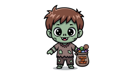 Zombie kid trick or treat: a cute illustration of a zombie kid carrying candy bag full of treats, for Halloween and trick or treat party.