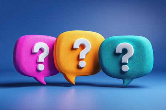 Three vibrantly colored speech bubbles, each with a large white question mark, against a blue backdrop