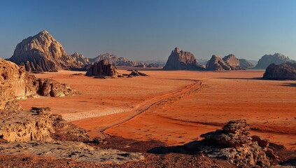Fototapeta premium Panoramic View of Wadi Rum Desert Landscape in Jordan with Red Sand and Rocky Formations Under Blue Sky