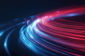 Abstract, vibrant streaks of light, red and blue hues, curved paths in dark background