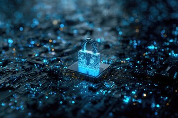Futuristic padlock illuminated atop a circuit board, glowing particles enhancing its secure digital ambiance