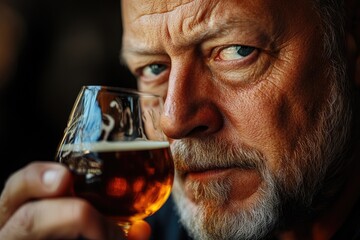 Close-up of a serious, bearded older man with striking blue eyes, intently observing a glass of amber alcoholic beverage.