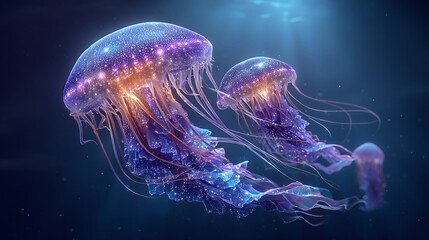 Beautiful jellyfish glowing softly while floating in the dark ocean captured in an underwater scene