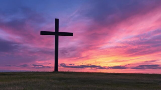 Silhouette of Cross Against Vibrant Sunset Sky with Colorful Clouds at Dusk on Peaceful Landscape Setting 4k video footage