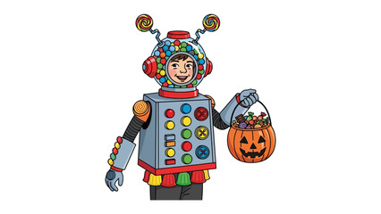 Kid in Robot Costume: A child joyfully poses in a playful robot costume, carrying a pumpkin basket brimming with colorful treats, perfect for Halloween celebration.