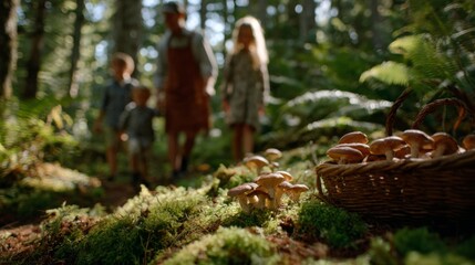 Obraz premium A family of four explores a lush forest, gathering mushrooms in a woven basket, surrounded by vibrant greenery.