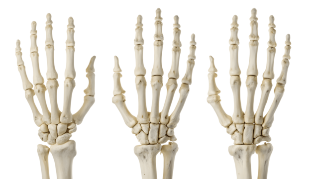 Three skeletal hands isolated on transparent background in a studio shot