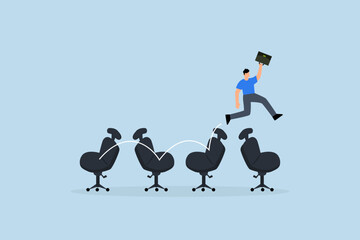 Job hopping, happy job seeker leaping from desk chair to new workspace symbolizing frequent job transitions