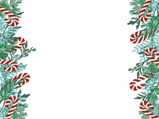 Festive vector illustration showcases a border of pine branches and candy canes on a white background. Ideal for holiday-themed designs, greeting cards, or seasonal invitations.