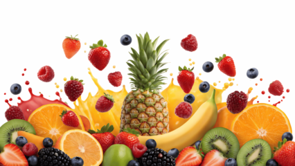 Assorted fruits with splash isolated on transparent background for design