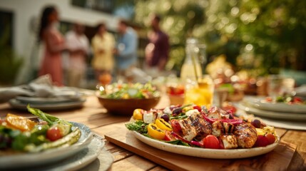 Obraz premium A vibrant outdoor barbecue feast featuring grilled chicken and fresh vegetables attended by friends enjoying a sunny day.