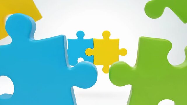 Colorful puzzle pieces interlocking in motion against a white background