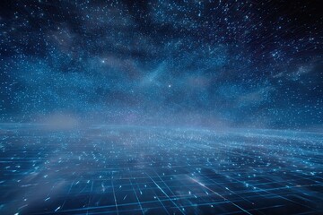 Futuristic, blue-hued image depicting digital matrix over a star-filled cosmos. Data stream