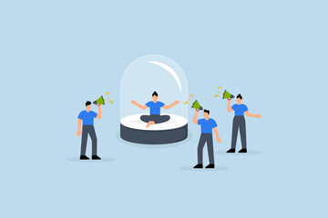 Ignore noise, businesswoman practicing meditation and remaining calm while covered to block out noise from others