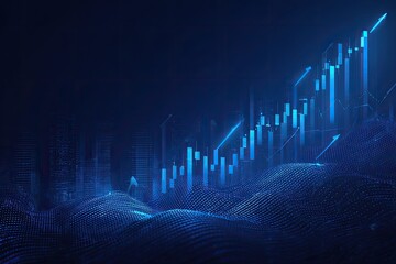 Abstract blue digital illustration, representing financial growth with glowing bar graphs and dots