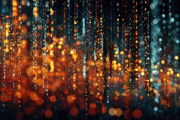 Abstract visual of cascading binary digits in orange and blue hues, creating a digital rain effect