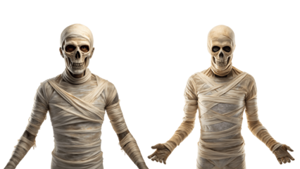 Two mummies with bandages isolated on transparent background