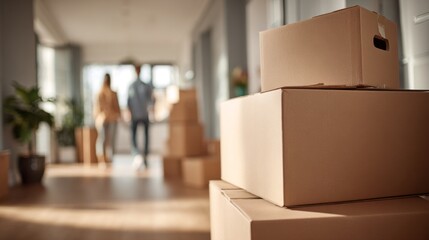 A couple of diverse adults walking hand in hand through a modern home surrounded by cardboard moving boxes.