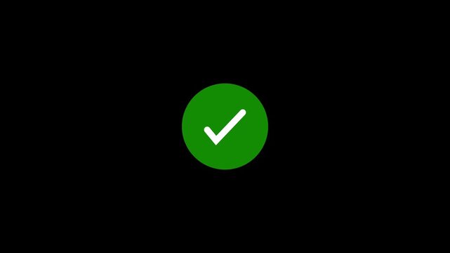 Animated reveal of a white checkmark icon in a green circle. Isolated on a black background. Green check mark, tick, yes, or OK symbol on green circle
