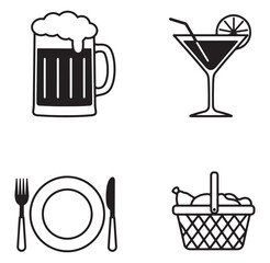 Simple vector icons representing beverages picnic essentials and dining elements for design
