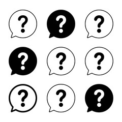 Set of six minimalist question mark icons in speech bubbles for design and communication