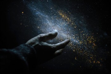 Fototapeta premium Hand extending toward sparkling, golden and blue particles in a dark, ethereal space