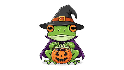 Whimsical Halloween Frog: A charming, cartoon frog is dressed as a witch with a pumpkin-shaped treat holder, embodying the fun and fantasy of Halloween. 
