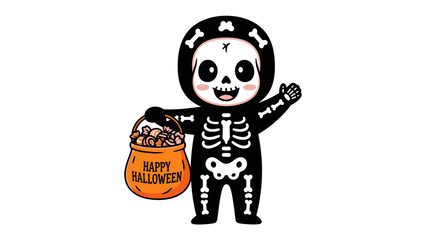 Spooky Halloween Fun: A cartoon skeleton kid, brimming with joy and seasonal cheer, waves playfully, a treasure-filled bag of candies clutched in their hands.