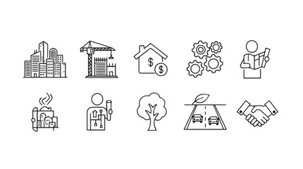 Collection of hand drawn icons representing architecture construction engineering business and real estate concepts vector